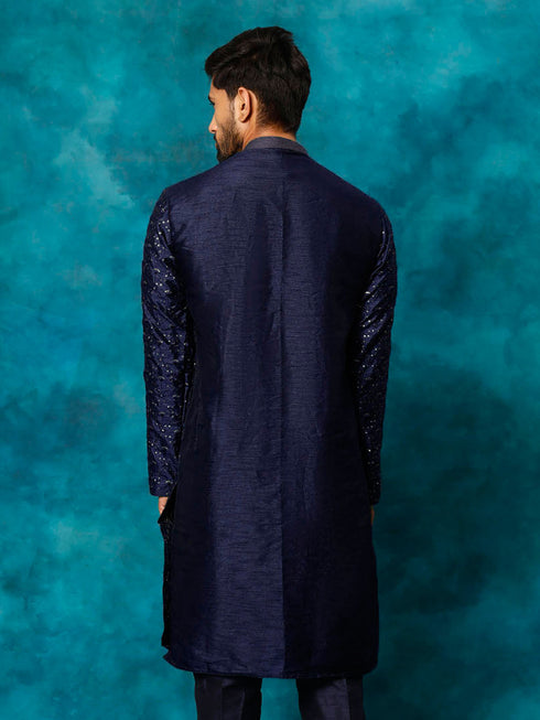 Men's Blue Silk Blend Embellished Kurta